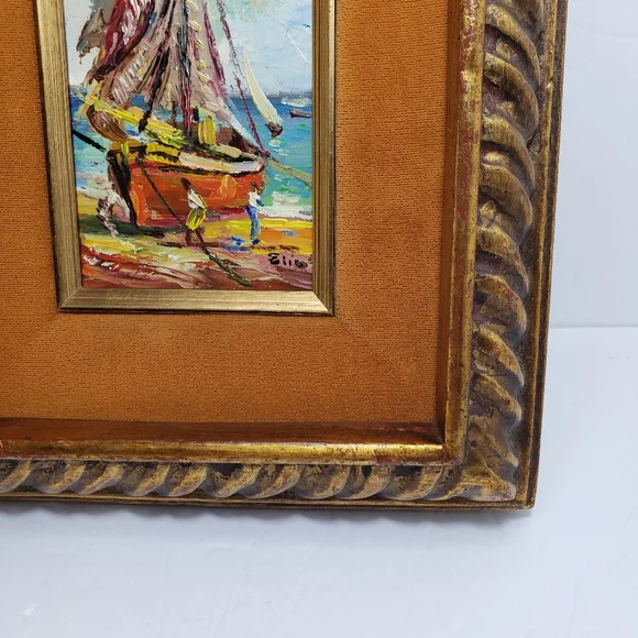 Vintage Oil Painting on Wood Panel Framed Velvet by Elio Small 3" × 6" - Picture 4 of 10